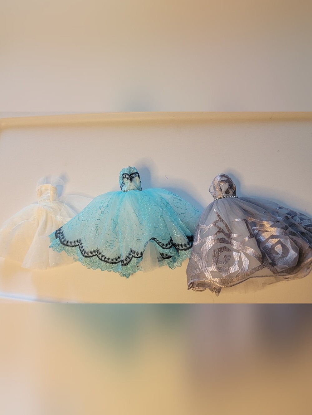 Barbie Fashion Pack โ 3 Doll Gowns (Silver Rose, Blue Lace, White Lace)